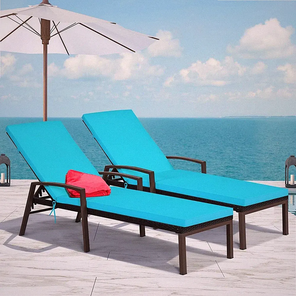 2 PCS Outdoor Rattan Chaise Lounge Chair with Cushions and Adjustable Backrest