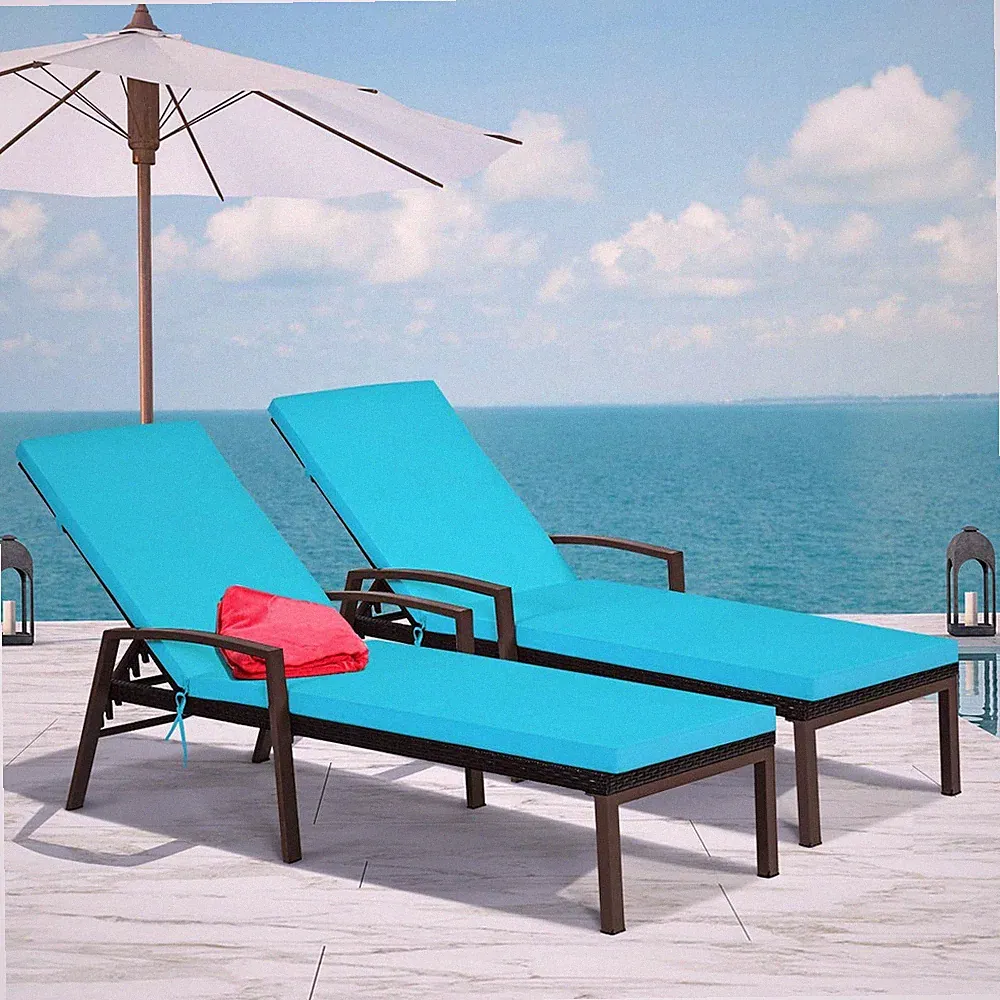 2 PCS Patio Rattan Chaise Lounge Chair, Outdoor Reclining Chaise with Cushion...
