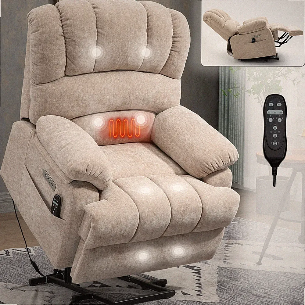 23" 8-Pt Massage High Back Large Beige Chenille Power Lift Recliner Lumbar Heat