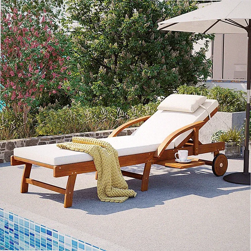 Adjustable Outdoor Chaise Lounge Chair Reclining Patio Pool Lounger Beige Wood