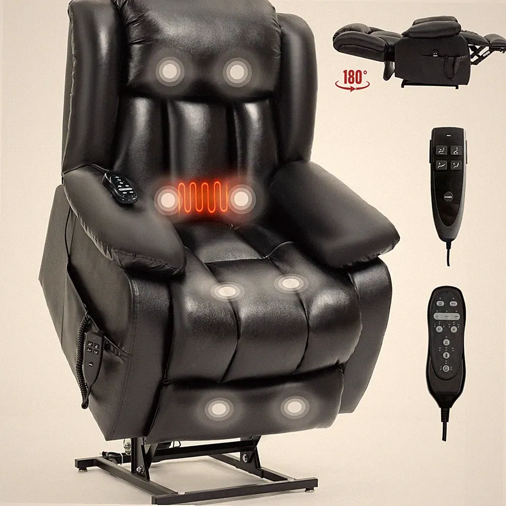 For Parlor Black Genuine Leather Electric Power Lift Recliner,Dual Motor 350 LBS