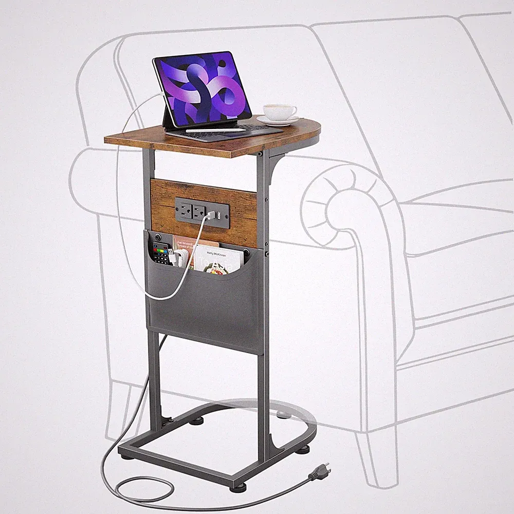 C Shaped End Table with Charging Station, Small Side Table for Couch, C Table...
