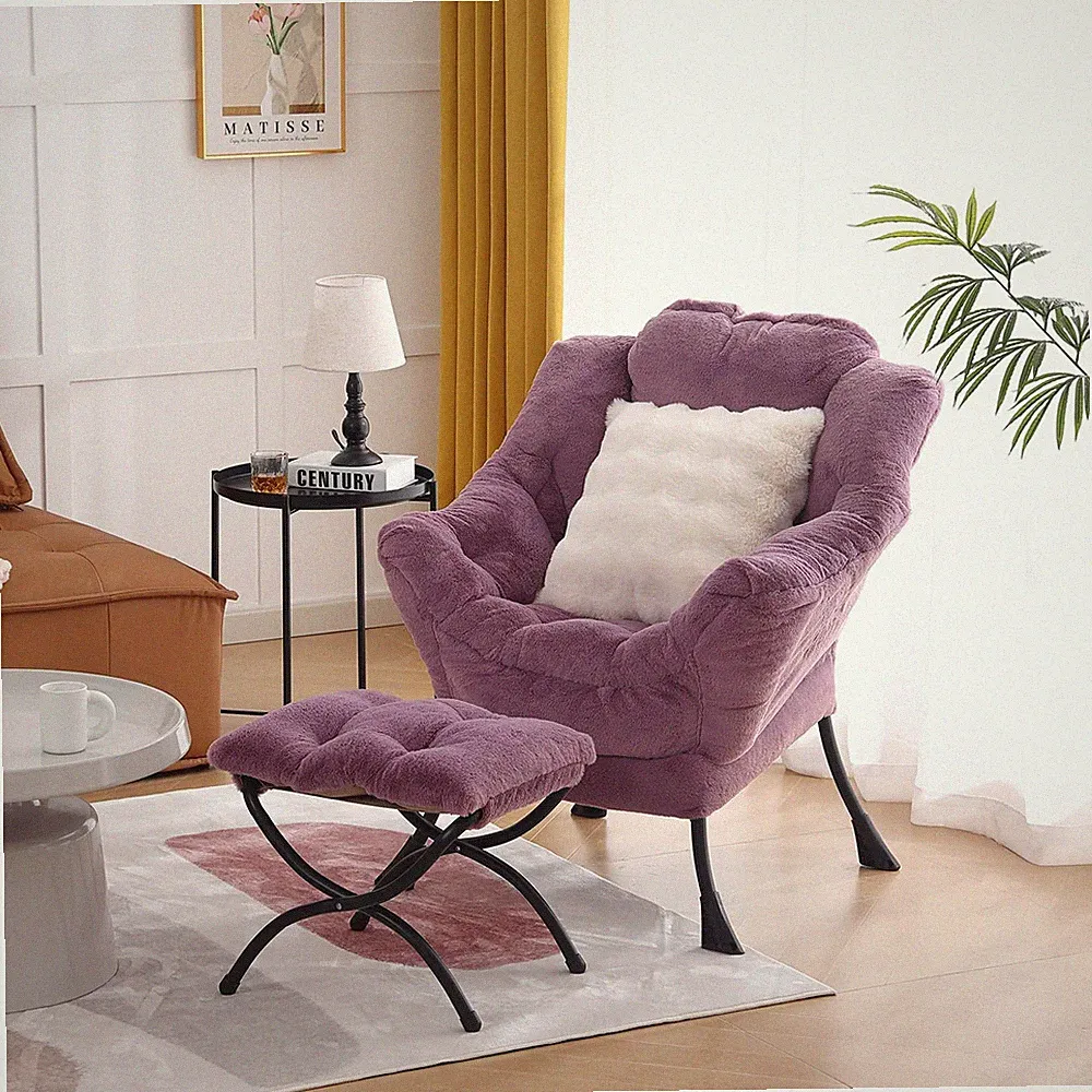 Lazy Chair with Ottoman, Large Purple Accent Chair with Ottoman and FA Throw...