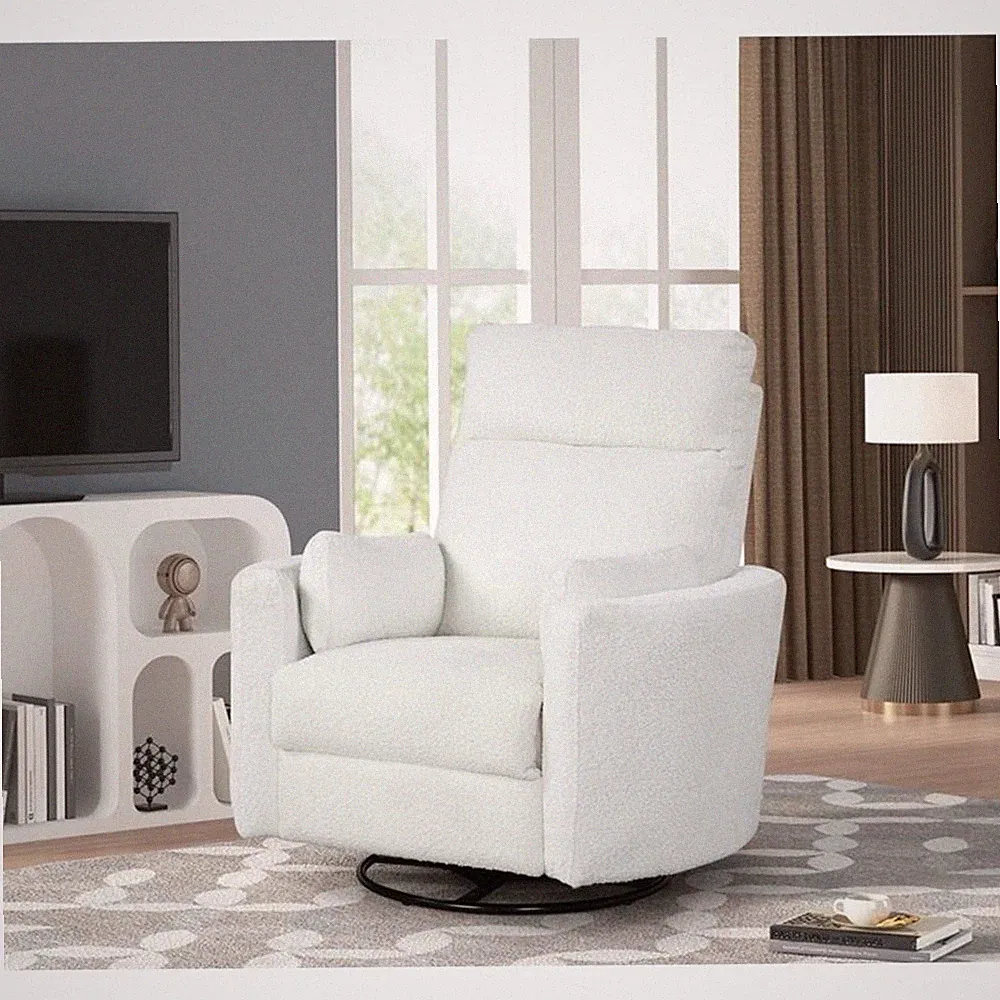 Pemberly Row Modern Chenille Fabric Swivel Recliner in Oyster White