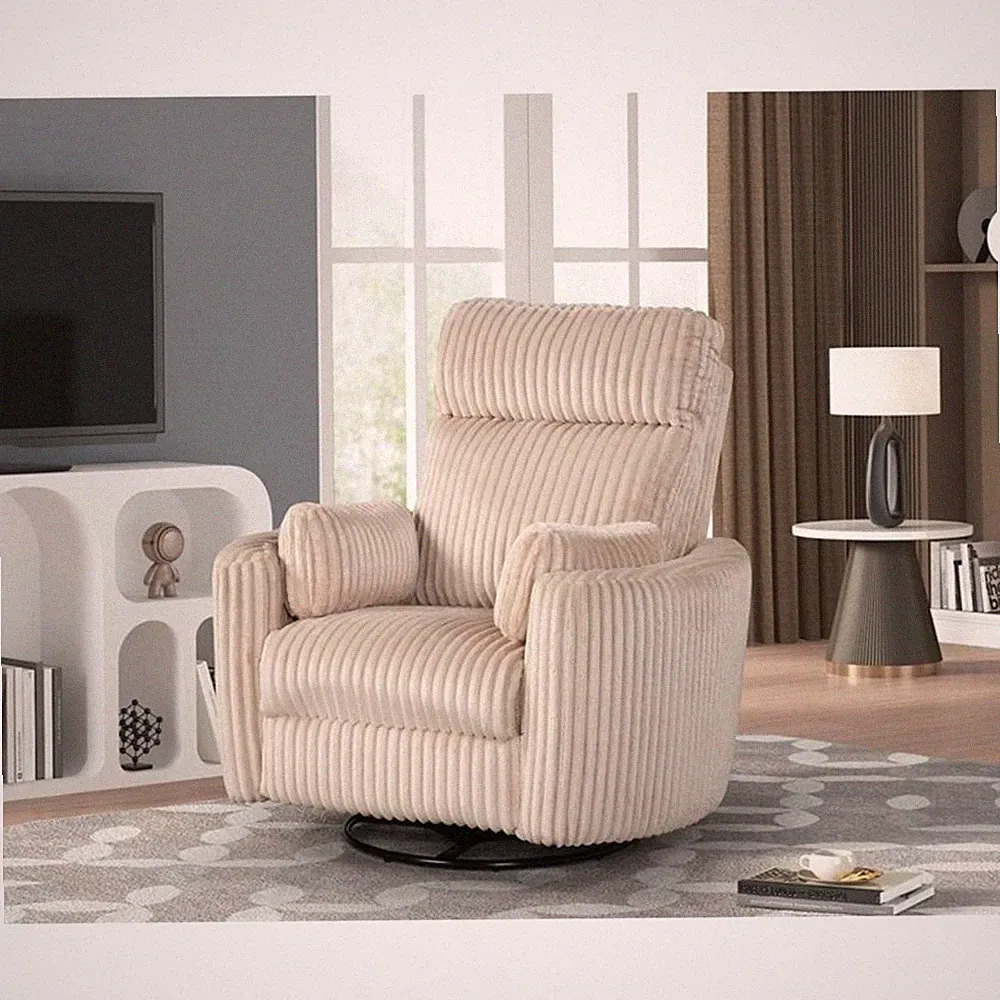 Pemberly Row Modern Large Corduroy Fabric Swivel Recliner in Ivory
