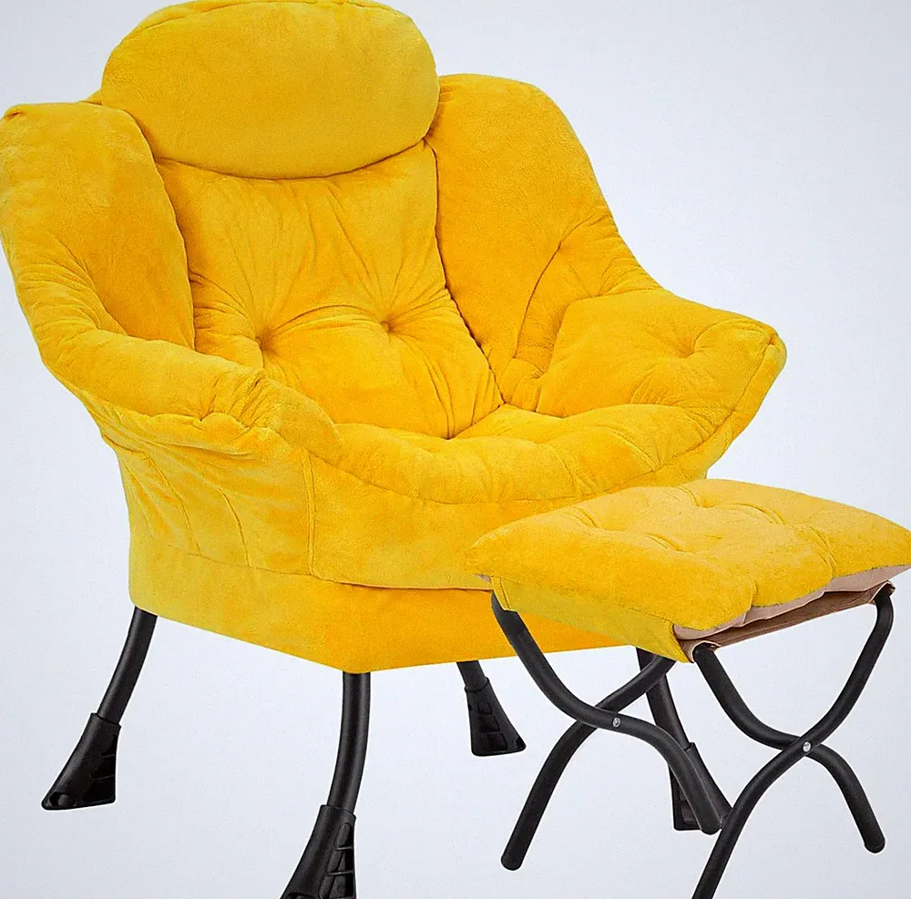 Plush Yellow Lazy Chair with Folding Ottoman & Side Pockets for Comfort