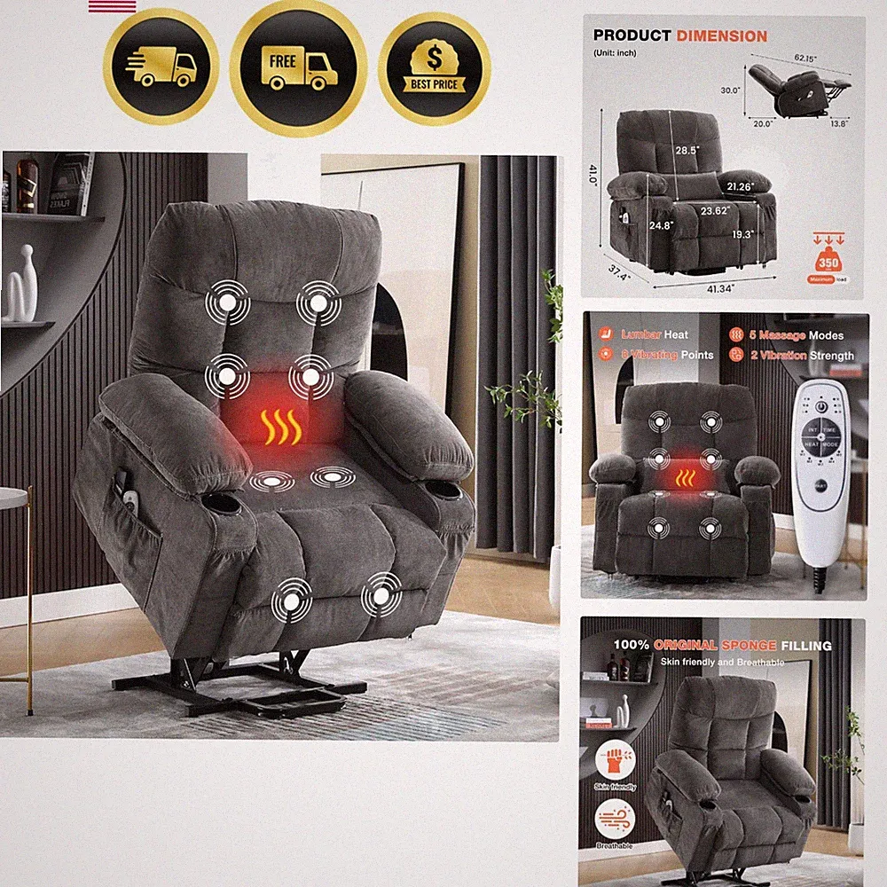 Power Lift Recliner Chair for Elderly Vibration Massage Lumbar Heating Sofa