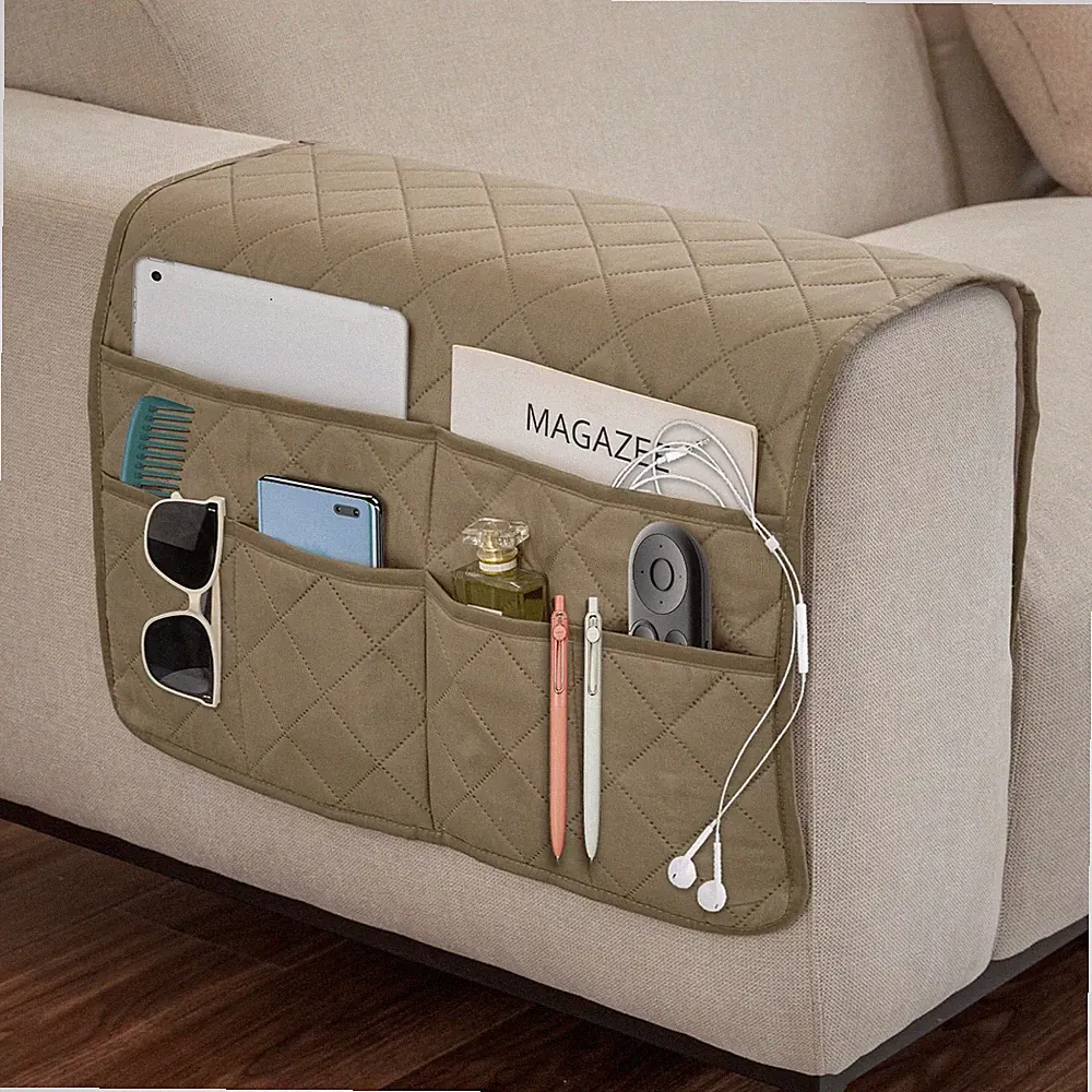 Remote Control Holder Recliner Armchair Caddy 6 Pockets Non Slip Sofa Beige